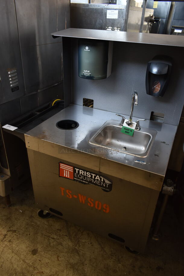 Stainless Steel Commercial Portable Sink w/ Bay, Soap Dispenser and Towel Dispenser on Commercial Casters.