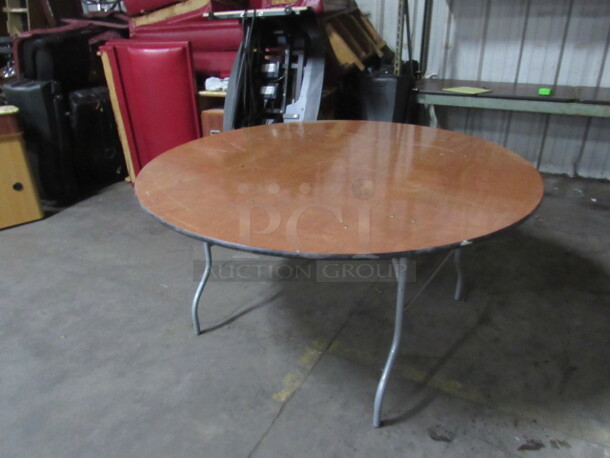 One 60 Inch Round Wooden Folding/Banquet Table With Metal Legs, And A Clear Coted Finish Top. $523.00. 60XGREAT SHAPE!!!!0. 