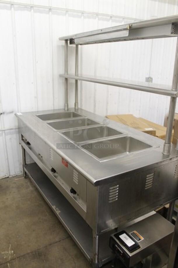 Eagle YUL-0240-00 Stainless Steel Commercial Electric Powered 4 Well Steam Table w/ 2 Tier Over Shelf and Under Shelf. Cannot Test Due To Cut Power Cord
