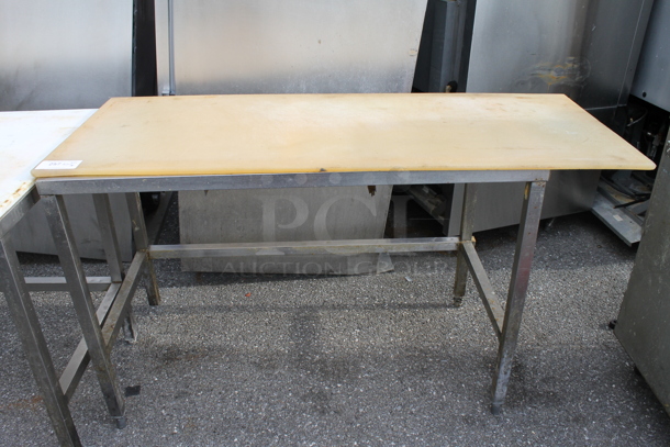 Metal Table Frame w/ Cutting Board Tabletop. Table: 49x24x34.5. Cutting Board 59x24x1