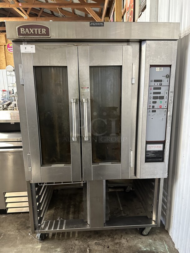 Baxter OV300G Stainless Steel Commercial Natural Gas Powered Mini Rotating Rack Oven w/ Dual Pan Rack on Commercial Casters. 95,000 BTU.