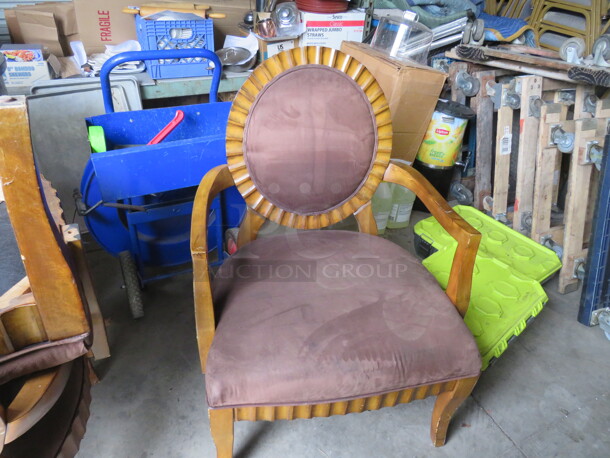 COMFY Oversized Wooden Arm Chair With Brown Cushioned Seat And Back.