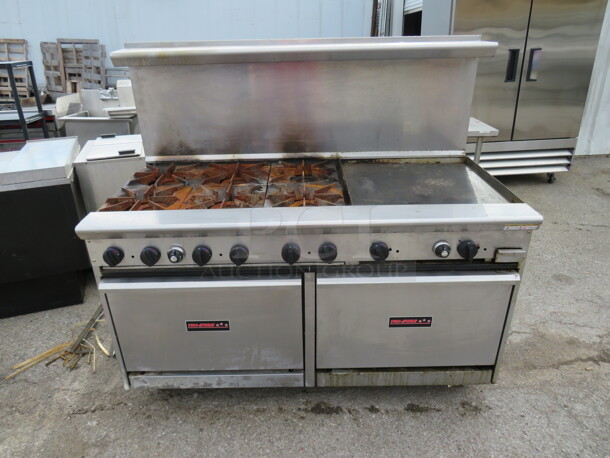 One Tristar Natural Gas 6 Burner/24 Inch Griddle Double Oven Range With 2 Racks And A  Stainless Steel Over Shelf On Casters. 60X33X57. Model# TSR-G24RH-6-E26L. 