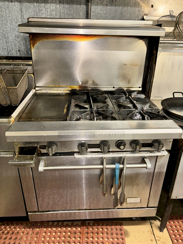 OUTSTANDING! American Range AR-12G-4B 36” Combination (4) Open Burners & 12” Griddle Plate, 3" Wide Grease Collector With Oven Base, Natural Gas. 183,000BTU 36x32-1/2x56