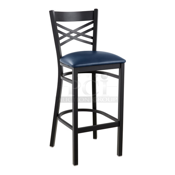 BRAND NEW SCRATCH & DENT! Lancaster Table & Seating (10) Black Finish Cross Back & (1) Distressed Copper Finish Ladder Back Bar Stools with 2 1/2