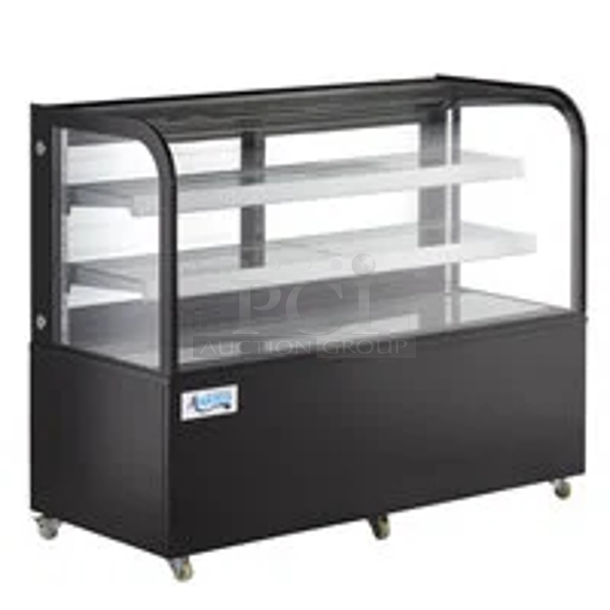 Avantco BCD-48 48" Curved Glass Black Dry Bakery Display Case W/ Led Lighting & Removable Glass Shelving On Commercial Casters. Tested. Works Perfect. 47-7/8x26-1/2x48