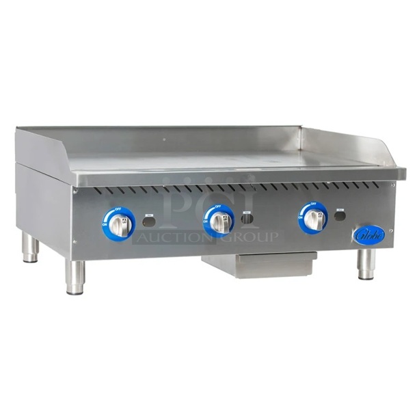 BRAND NEW SCRATCH AND DENT! 2022 Globe GG36G Stainless Steel Commercial Countertop Gas Powered Flat Top Griddle. 90,000 BTU. Stock Picture Used as Gallery.