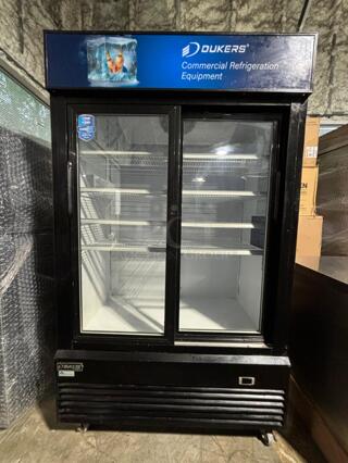 Dukers DSM-40SR Commercial Glass Sliding 2-Door Merchandiser Refrigerator in Black
