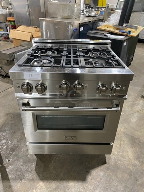  2020 Zline Gas Powered 4 Burner Stove! With Oven Underneath! Stainless Steel! On Legs! MODEL RG30 SN:20062976049 120V