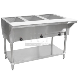 BRAND NEW SCRATCH & DENT! Advance Tabco SW-3E-120-T Three Pan Electric Hot Food Table with Thermostatic Control and Undershelf - Sealed Well, 120V Serial No: 000089563