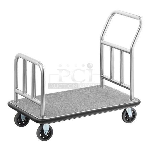 BRAND NEW SCRATCH AND DENT! Lancaster Table & Seating 164LUGCRTCPGR 42" x 24" x 35 3/8" Stainless Steel Gray Carpeted Luggage Cart