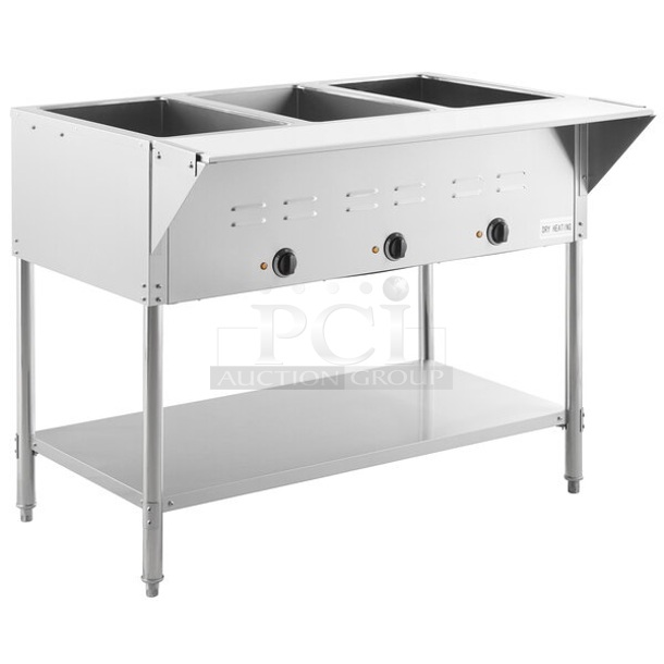 BRAND NEW SCRATCH AND DENT! 2023 Avantco 177STE3S Stainless Steel Commercial Electric Powered 3 Bay Steam Table w/ Under Shelf. 120 Volts, 1 Phase. Tested and Working!