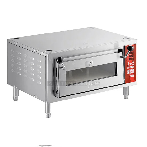 BRAND NEW SCRATCH AND DENT! Avantco 177DDPO18SA Stainless Steel Commercial Countertop Electric Powered Single Deck Countertop Pizza / Bakery Oven with Digital Controls and Cooking Stone. 120 Volts, 1 Phase. Tested and Working!