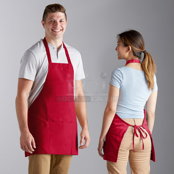 Box of 10 BRAND NEW SCRATCH AND DENT! Choice 160BIBFOHRD Red Customizable Poly-Cotton Front of House Bib Apron with 3 Pockets - 25" x 28"