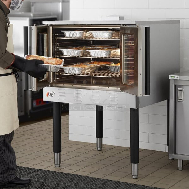 BRAND NEW SCRATCH & DENT! Cooking Performance Group FGC-20-DDNK Deep Depth Double Deck Full Size Natural Gas Convection Oven with Legs - 120,000 BTU. Glass is broken. In Original Box. 2x Your Bid - Item #1127355