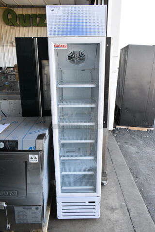 BRAND NEW SCRATCH AND DENT! Galaxy 177GDN5RBW Metal Commercial Single Door Reach In Cooler Merchandiser w/ Poly Coated Racks and Red, White, and Blue LED Lighting. 110-120 Volts, 1 Phase.