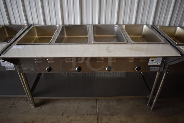 ServIt 423EST4WE750 Stainless Steel Commercial Electric Powered 4 Bay Electric Powered Steam Table w/ Cutting Board and Under Shelf. 208/240 Volts. 58x30x34