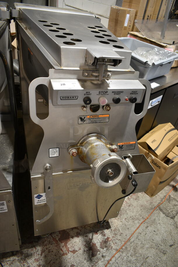 2019 Hobart MG2032 Metal Commercial Floor Style Electric Powered Meat Mixer Grinder w/ Foot Pedal on Commercial Casters. 208 Volts, 3 Phase. Tested and Working!