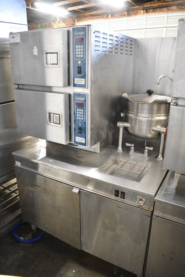 Cleveland Stainless Steel Commercial Natural Gas Powered 2 Deck Steam Cabinet w/ Cleveland KDT-6T Countertop 6 Quart Tilting Steam Kettle. 