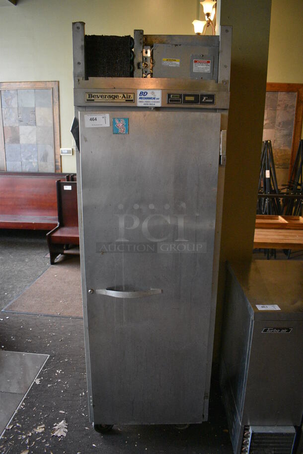 Beverage Air EF24-1AS Stainless Steel Commercial Single Door Reach In Cooler on Commercial Casters. BUYER MUST REMOVE. 115 Volts, 1 Phase. 25.5x34x84. Item Was in Working Condition on Last Day of Business. (Susquehanna Ale House)