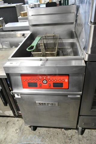 Vulcan 1TR85C Stainless Steel Commercial Floor Style Natural Gas Powered 90 Pound Deep Fat Fryer w/ 1 Metal Fry Basket on Commercial Casters. 90,000 BTU. 