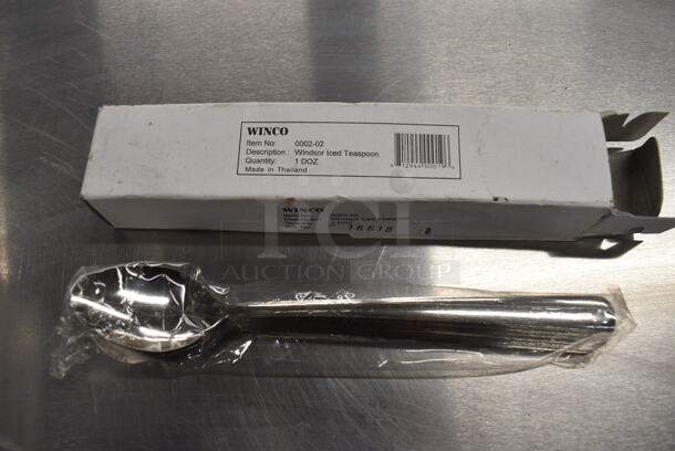 12 BRAND NEW IN BOX! Winco 0002-02 Stainless Steel Windsor Iced Teaspoons. 8". 12 Times Your Bid!