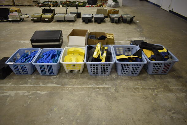 ALL ONE MONEY! Lot of Various Items In 6 Poly Baskets Including Scuba Flippers. (Main Building)
