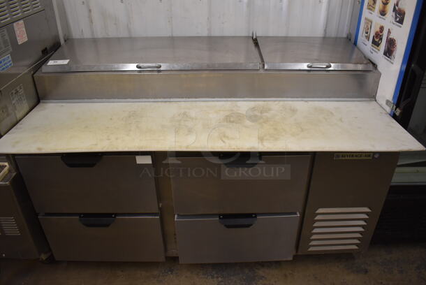 Beverage Air Stainless Steel Commercial Pizza Prep Table w/ 4 Drawers on Commercial Casters. 115 Volts, 1 Phase. 67x37x44. Tested and Working!