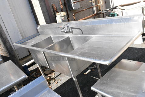 Stainless Steel 2 Bay Sink w/ Faucet, Handles and Dual Drain Boards. (out back)