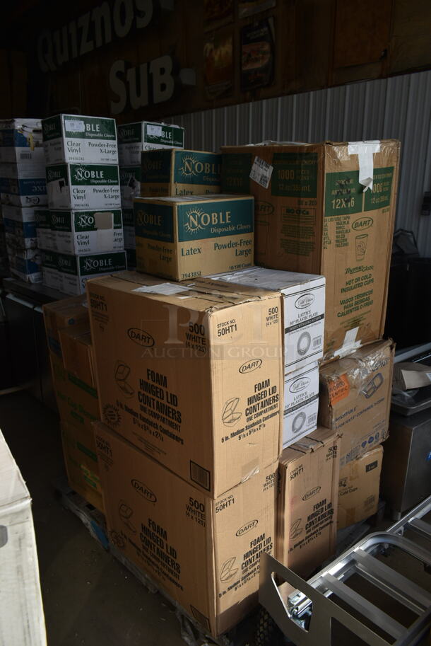 PALLET LOT of 28 BRAND NEW Boxes Including 3 Box Dart 50HT1 5x5x3" White Foam Hinged Lid Container, 2 Box 347RP10WHGLD Visions 10" White Plastic Plate with Gold Lattice Design - 120/Case, 394385L Noble Products Powder-Free Disposable Latex Gloves for Foodservice - 1000/Case, 394EN554XL Noble Products Low Dermatitis Potential Nitrile Blue Exam Grade 4 Mil Textured Gloves - Extra Large - 1000/Case, Dish Caddies, 5001RT800N Lavex 8" Natural Kraft Hardwound Paper Towel, 800 Feet / Roll - 6/Case, 795PTOBK3 Choice #3 Paper Food Containers, 92247774 Vollrath 47774 Intrigue 11 5/8" Stainless Steel Cover with Loop Handle, 5008W Choice 8 oz. Tall White Poly Paper Hot Cup - 1000/Case, 2 Box 500COLLARBR EcoChoice Kraft Coffee Cup Sleeve / Jacket / Clutch - 10-24 oz. - 1200/Case, 999GC70002 Choice 2 Part Green and White Carbonless Guest Check Book - 10/Pack. 28 Times Your Bid! 