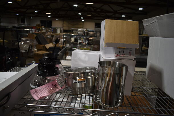 BRAND NEW SCRATCH AND DENT! Lot of Various Items Including Coffee Pots, Metal Brew Basket, Metal Pitcher.
