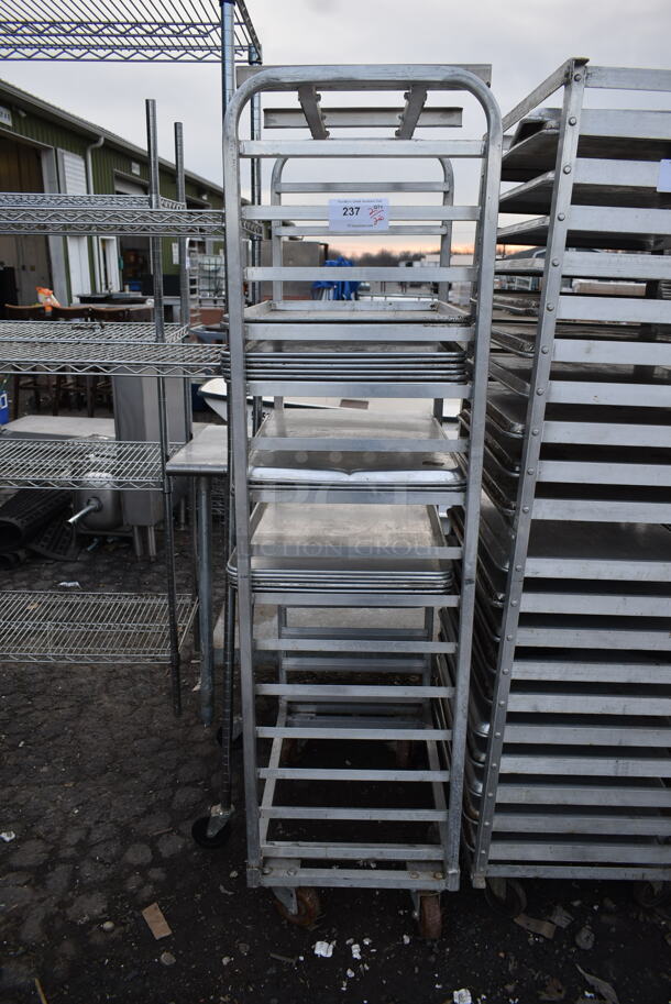 Metal Commercial Pan Transport Rack w/ 15 Metal Baking Pans on Commercial Casters. 