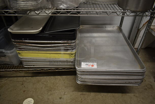 ALL ONE MONEY! Lot of 48 Various Metal Baking Pans and Poly Trays. Includes 18x26x1
