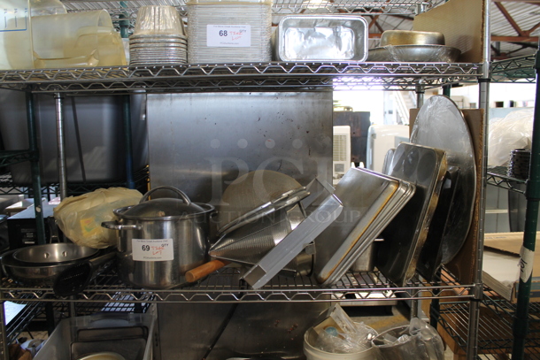 ALL ONE MONEY! Tier Lot of Items on Shelving Unit Including Metal Baking Pans, Stock Pot and China Cap Strainer.
