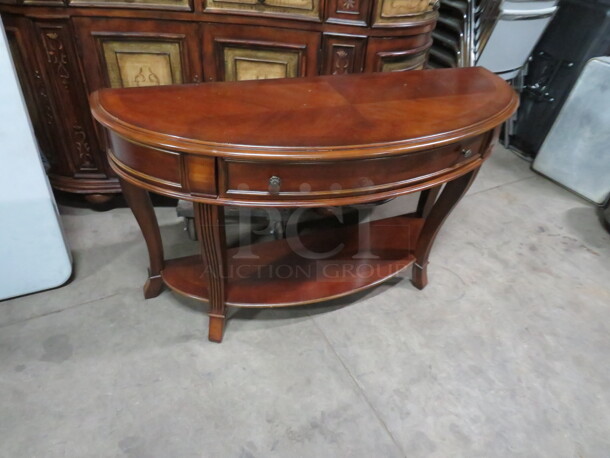 One Wooden Half Round Table With 1 Drawer And Under Shelf. 52X18X30