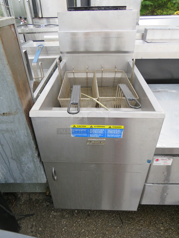 One SS Frialator Natural Gas 65lb Deep Fryer With 2 Baskets On Casters. Model# 65S. 20X34X47 - Item #1126893