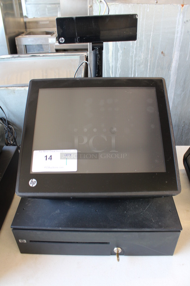 HP 15" POS Monitor w/ Attached Price Monitor and Metal Cash Drawer