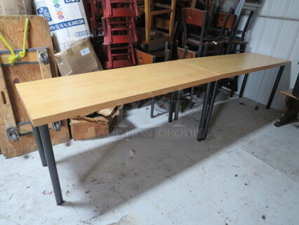 One Brown Laminate Table Top On Black Metal Legs. 64X24X30. Can Be Used AS A Pair With Item # 56.