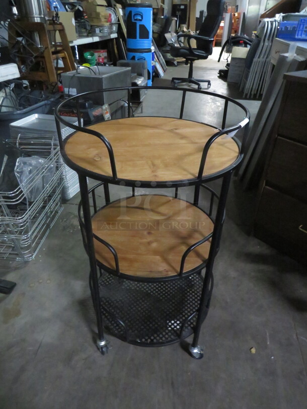 One Metal/Wood Cart With 3 Shelves On Casters. 17X17X30