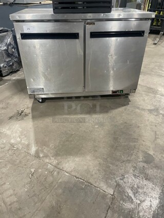 Artic Air Commercial 2 Door Work Top Cooler! All Stainless Steel! With Poly Coated Racks! 115V! On Casters! Model: AUC48R SN: 499185! 