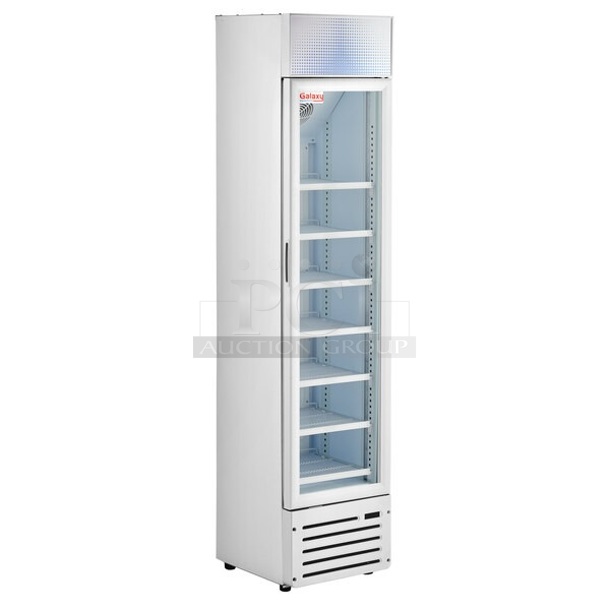 BRAND NEW SCRATCH AND DENT! Galaxy 177GDN5RBB Metal Commercial  16 1/2" White Swing Glass Door Merchandiser Refrigerator with Red, White, and Blue LED Lighting. 115 Volts, 1 Phase. Tested and Working!