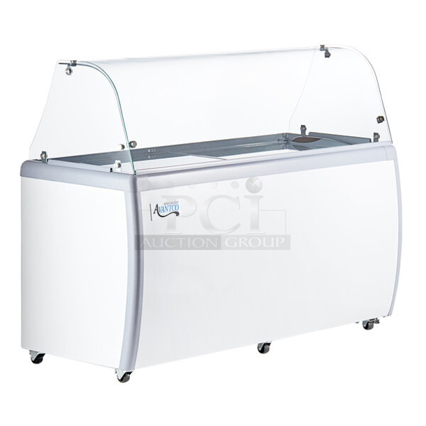 BRAND NEW SCRATCH AND DENT! Avantco 360ADCGEL13 Metal Commercial Thirteen Pan Gelato Dipping Cabinet with Curved Sneeze Guard on Commercial Casters. 115 Volts, 1 Phase. Tested and Working!
