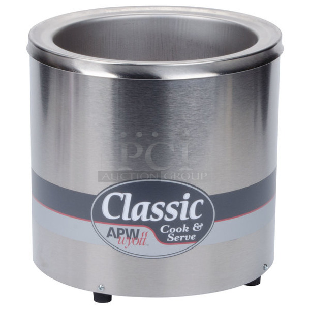 BRAND NEW SCRATCH AND DENT! APW Wyott RCW-7 Stainless Steel Commercial Countertop Soup Kettle Food Warmer w/ Drop In and Lid. 120 Volts, 1 Phase. Tested and Working!