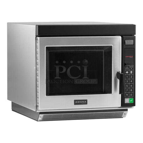 BRAND NEW SCRATCH AND DENT! 2023 Amana RC17S2 Stainless Steel Commercial Countertop Heavy Duty Stainless Steel Commercial Microwave Oven with Push Button Controls. 208/240 Volts, 1 Phase. 