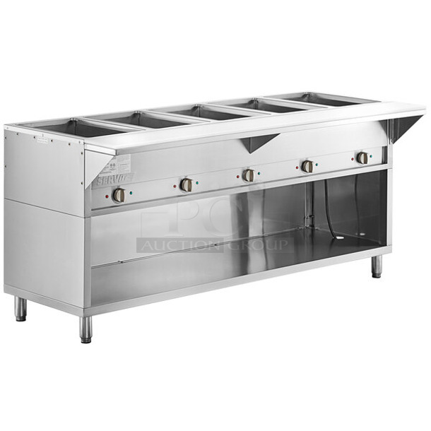 BRAND NEW SCRATCH AND DENT! ServIt 423EST5WSPB Stainless Steel Commercial Five Pan Sealed Well Electric Steam Table with Partially Enclosed Base. 208/240 Volts, 1 Phase. 