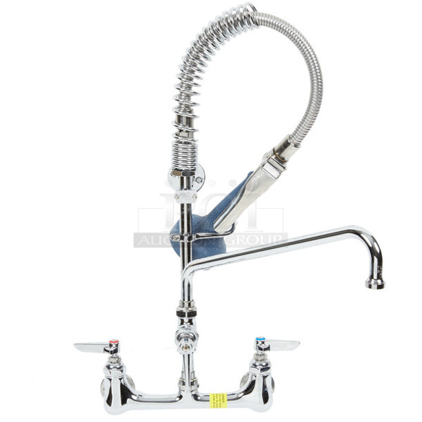 BRAND NEW SCRATCH AND DENT! T&S MPR-8WLN-12 EasyInstall Wall Mounted 22 1/8" High Mini Pre-Rinse Faucet with Adjustable 8" Centers, 1.07 GPM Ergonomic Spray Valve, 24" Hose, 12" Add-On Faucet, and 6" Wall Bracket 