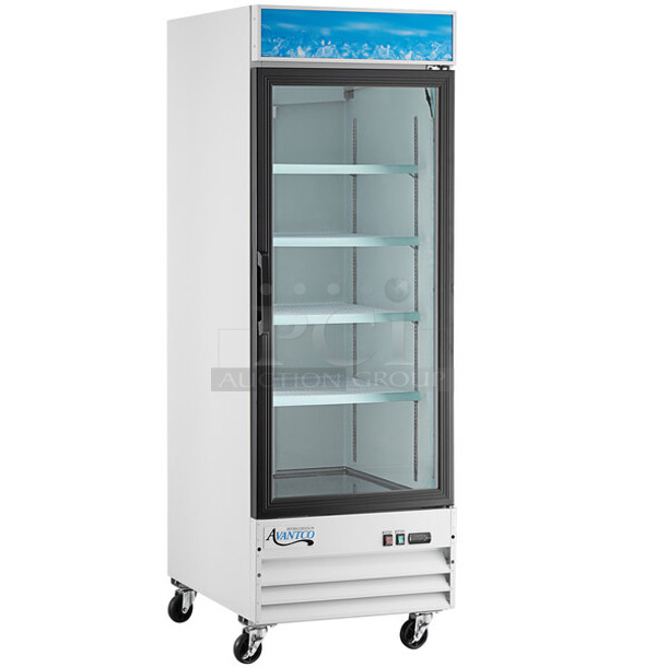 BRAND NEW SCRATCH AND DENT! 2023 Avantco 178GDC23HCW Metal Commercial Single Door Reach In Cooler Merchandiser w/ Poly Coated Racks on Commercial Casters. 115 Volts, 1 Phase. Tested and Working! - Item #1117496