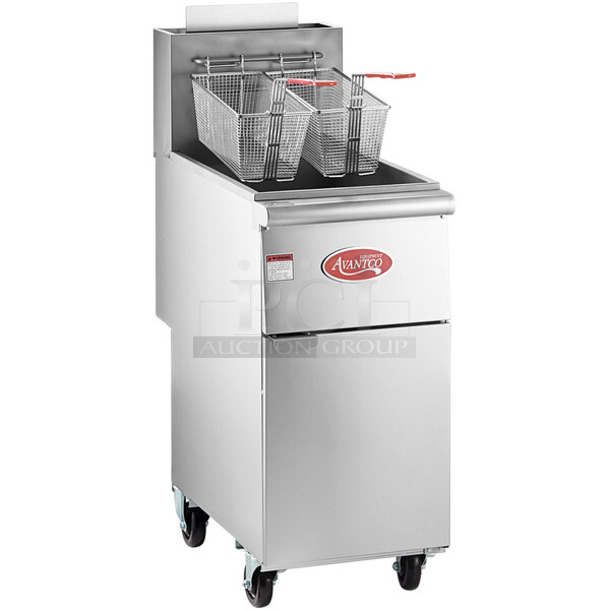 BRAND NEW SCRATCH AND DENT! 2023 Avantco 177FF40N Stainless Steel Commercial Floor Style Natural Gas 40 lb. Stainless Steel Floor Fryer with Casters and Legs. 90,000 BTU. 