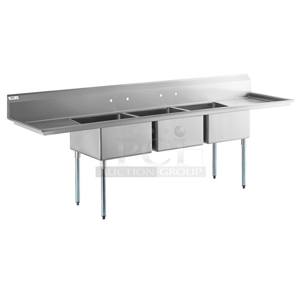 BRAND NEW SCRATCH AND DENT! Regency 600S32323224 121" 16-Gauge Stainless Steel Three Compartment Commercial Sink with Galvanized Steel Legs and 2 Drainboards - 23" x 23" x 12" Bowls. No Legs.  