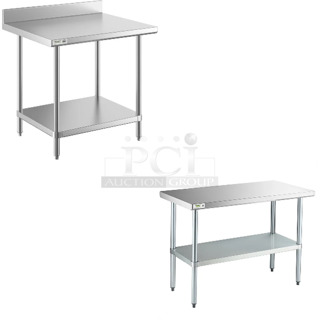 2 BRAND NEW SCRATCH AND DENT! Items Including Regency 600T2448G 24" x 48" 18-Gauge 304 Stainless Steel Commercial Work Table with Galvanized Legs and Undershelf and Regency 600TSB3036S 30" x 36" 16-Gauge Stainless Steel Commercial Work Table with 4" Backsplash and Undershelf. 2 Times Your Bid! May Be Missing Pieces. 